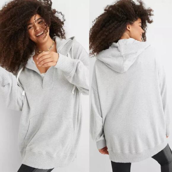 Aerie Down-To-Earth Henley Hoodie In Medium Heather Gray - Picture 1 of 5